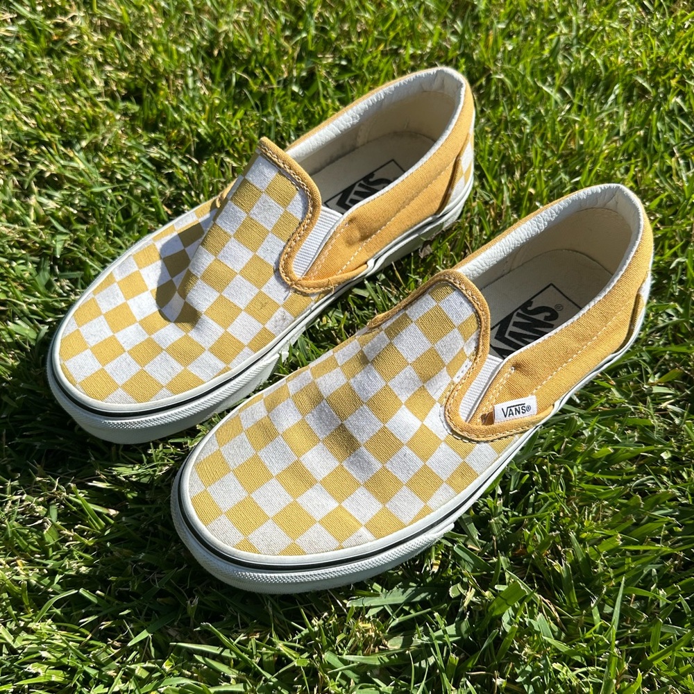 Vans Yellow and White Checkered Slip-On Sneakers